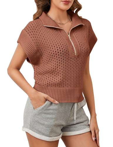 Image of Womens Oversized Hollow Out Sweater Vest Quarter Zip Cap Sleeve Lapel Casual See Through Crochet Knit Tops Brown, Medium