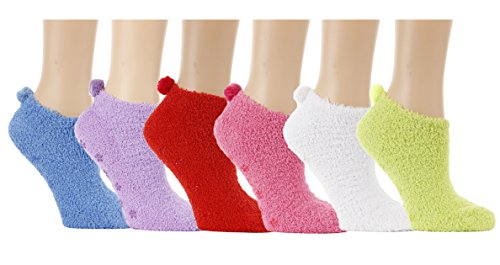 Fuzzy Ankle Socks,anklets, Footie, with Pom Pom, 6 Pairs, Size 9-11
