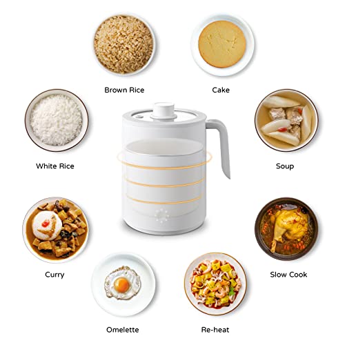 OCTAVO 2 Cup Rice Cooker Mini Small Size 5 Preset Function with 4/6/8 Delay Timer, 1.0L Rice Cooker with Portable Handle, Simplicity Glass Lid Small Rice Cooker for 1-2 People, Personal Rice maker White - Thumbnail 4
