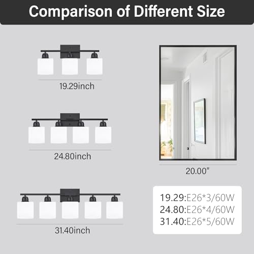 Image of 5-Light Black Bathroom Vanity Light, Black Vanity Light with Milky White Frosted Glass Shades, Modern Vanity Light Fixture for Bathroom Mirror, Bedroom, Living Room, Hallway, Vanity Table, E26 Base