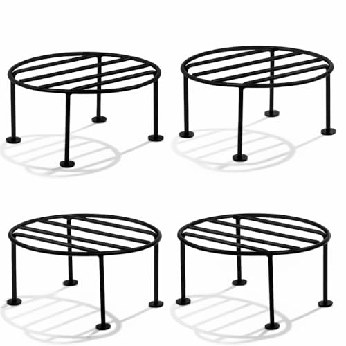 Image of Round Plant Stand (Pack of 4) | Galvanised Metal Flower Pot Holder | Rust Resistant Gamla Stand for Home, Garden & Balcony | Black