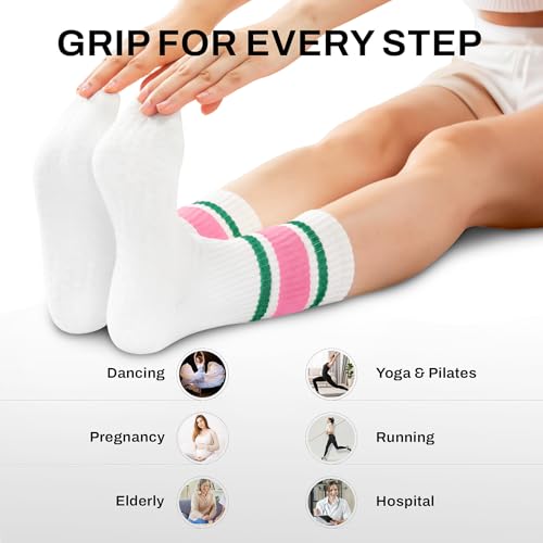 Image of Pilates Socks for Women Non Slip, Cotton Crew Grippy Yoga Socks with Grips for Maternity Hospital Workout, 3 Pairs
