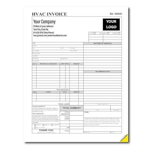 HVAC Work Order Invoice Custom Printed with Your Company Information – Heating & Airconditioning AC Service Repair Agreement – 2 Part NCR Form