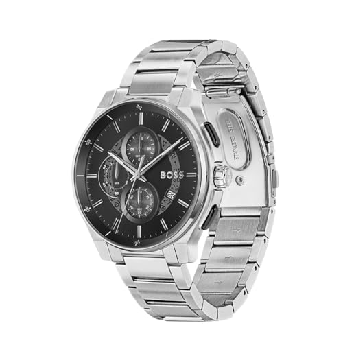 Image of BOSS Peak 2.0 Qtz Chrono Black Round Dial Men's Watch|Stainless Steel Material|Silver Color Band - 1514191