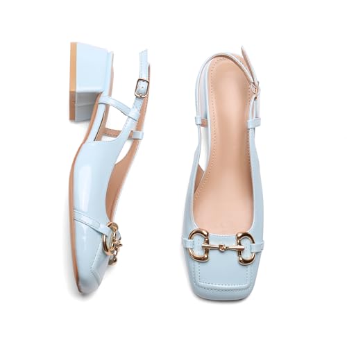 Image of Slingback Mary Jane Heels for Women Low Block Heel Closed Square Toe Pump Shoes Heels Classic Daily Office Dressy Shoes