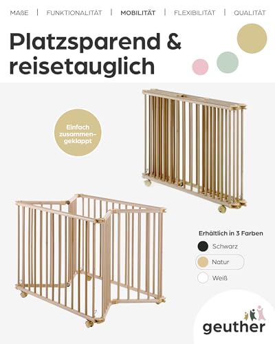Geuther Laufgitter Lucilee 76x97 cm I höhenverstellbar I werkzeuglos montiert I gepolsteter Baby-Laufstall aus Holz I Natur I Mobil, klappbar I TÜV geprüft I zusammenfaltbar I Made in Germany