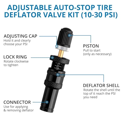 Image of AUTOUTLET Adjustable Auto-Stop Tire Deflator Kit (4-Piece) - Precision 10-30 PSI for Off-Road 4x4, SUVs, Trucks & RVs