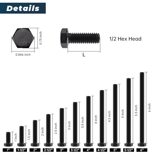 Image of Glvaner 1 /2-13 x 6 Stainless Steel Hex Head Screws Bolts, Black Coated, 304 Stainless Steel 18-8, Hexagon Head Bolts, Full Thread, 4 pcs