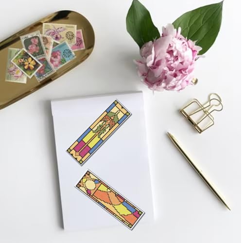 Image of FREEBLOSS 6 Set Bookmark Cross Stitch Kits Stitch Bookmark Cross Stitch Kits with Instructions Gothic Colorful Glass Pattern Embroidery Kit for Beginners Reading Lover Gift