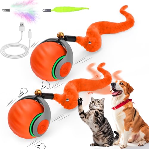 Image of 2PCS Interactive Cat Toy Ball, Rechargeable Cat Toys for Indoor Cats | with Feather Tails for Kittens Chasing, Motion Activated Ball for Enrichment, Automatic Rolling Toys to Keep Them Busy Orange