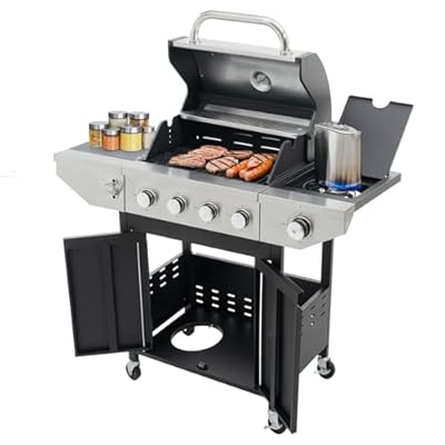 Jaxenor 4-Burners Propane Gas Grill with Side Burner & Thermometer, Stainless Steel Propane Grill for Outdoor BBQ and Camping, Patio Backyard Barbecue, 42000 BTU Output