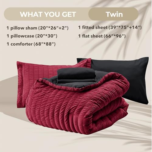 Image of HYMOKEGE Red & Black Twin Comforter Set Seersucker 5 Pieces, All Season Luxury Bed in a Bag for Bedroom, Bedding Set with Comforters, Sheets, Pillowcase & Sham