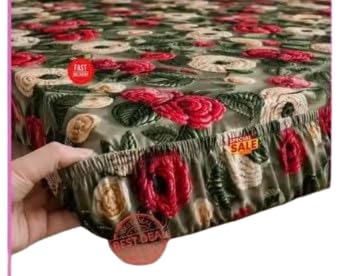 Floral Print Elastic Fitted Bedsheet with Frill-Single | Rose Pattern, Stretchable Fit, Dark Green Base, Satin Finish, Bed Cover-image-27
