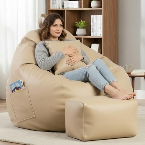 Image of KAM'S LIEU 5XL Luxury Faux Leather Bean Bag with Footrest & Cushion | Pre-Filled High-Density Polystyrene Beans | Premium Leatherette | 6 Months Warranty Color- (Cream, with Footrest)