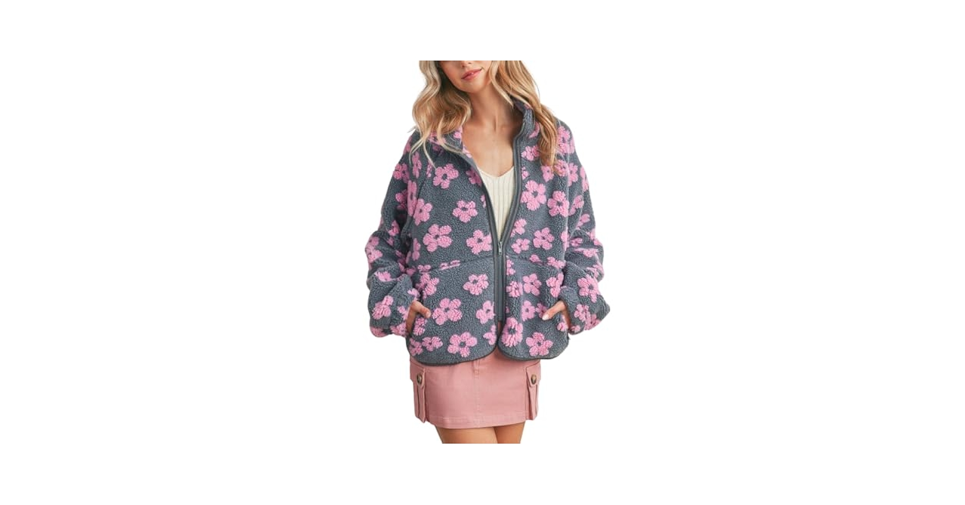 myzgx Women's Cute Floral Pattern Jacket Fuzzy Fleece Zip Up