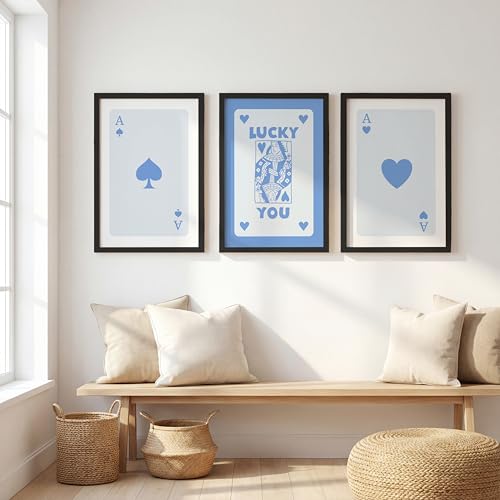Image of NoWorries Modern Blue Playing Cards Wall Framed Painting Set | Lucky Card Art and Ace of Hearts Prints | Premium 300 GSM Paper Print with Synthetic Wooden Frame | Aesthetic Wall Decor for Hotel, Cafe, Bar, Living Room & Bedroom (Pattern-illustration) (Set of 3) (BLACK, ART-6, 13X19INCHES)