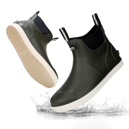 Image of Men's Deck Boots Waterproof Fishing Rain Boots, Anti-Slip Rubber Boots Ankle Booties, High-Performance Footwear Chelsea Boots for Gardening Boating Camping Sailing