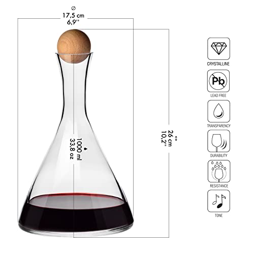 Image of KROSNO Wine Decanter, 33.8 oz, Avant-Garde Collection | Pitcher with Wooden Ball Stopper, Carafe for Wine or Alcohol, Lead-Free Crystal Glass, Wine Dispenser, Glass Wine Bottle