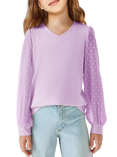 Haloumoning Langarmshirt Mädchen Pullover V-Ausschnitt Longsleeve T-Shirt Lässige Lose Bluse Freizeit Niedlich Weiche Tops für Kinder Schweizer Punkt Oberteile Lila 7-8 Jahre