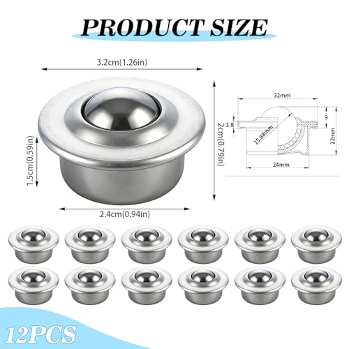 12 Stück Kohlenstoffstahl Kugelrollen, Universal Metall Kugellager Kugel, 15 MM Kugelrollen mit Stahlkugel Rollenlager, ür Schwerlastanwendungen, 360° Drehbar, Leise und Langlebig