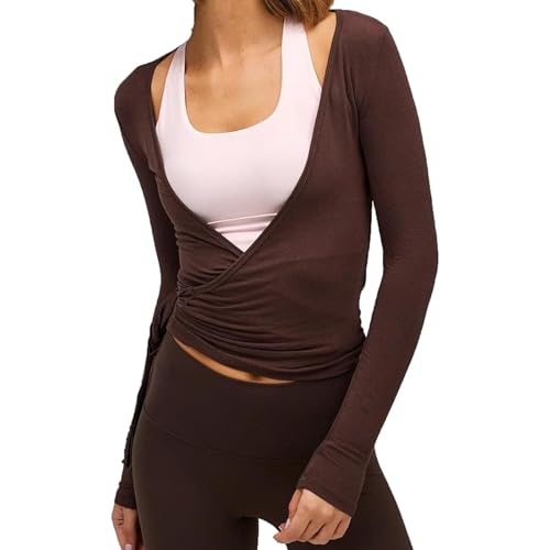Camiseta sexy para mujer Y2k, estilo envolvente, manga larga, cuello en V profundo, ajustada, para yoga, pilates, ballet, entrenamiento de baile, con aspecto sexy, de un solo color, banda elástica
