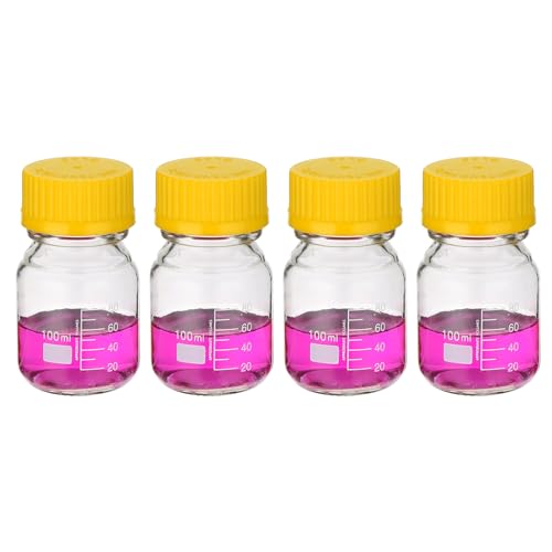 Image of PATIKIL 4 Pack Reagent Media Storage Bottles, 100ml Borosilicate Glass Graduated Round Bottles with GL32 Yellow Screw Cap for Lab Water Reagent Liquids, Clear