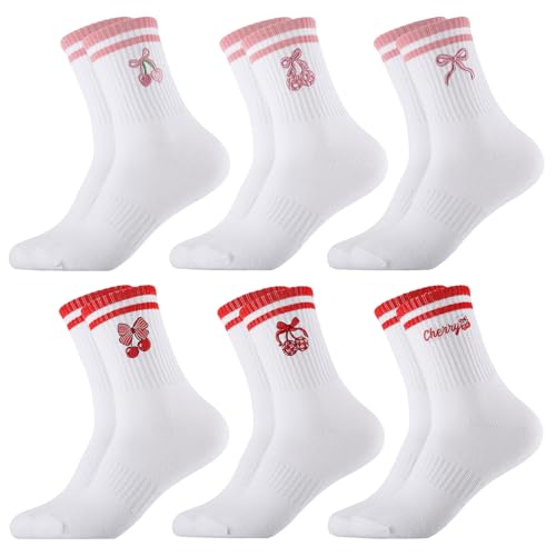 Jspupifip 6 Pairs Cute Cherry Crew Socks for Women Girls White Striped Crew Socks Funny Fruit Cotton Sock for Athletic Sports Running Casual Sock