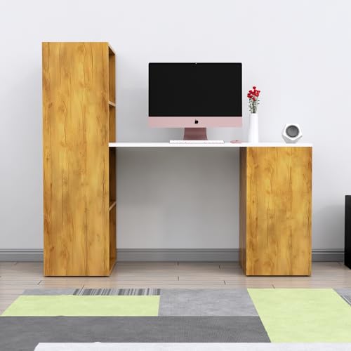 Image of Bniture Wooden Study Table for Home with Bottom Storage | Engineered Wood Study Table with Book Shelf | Multi Purpose Computer Desk for Writing, Laptop Table for Office, Giant Wood & Frosty White
