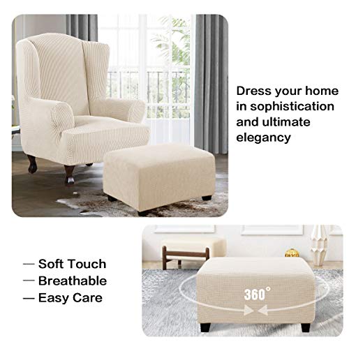Image of H.VERSAILTEX Ottoman Cover Slipcover Rectangle Fit Length 29'-34' Footrest Sofa Slipcovers Stool Cover Footstool Protector Covers Feature Stretch Thick Jacquard Fabric Removable Washable - Natural
