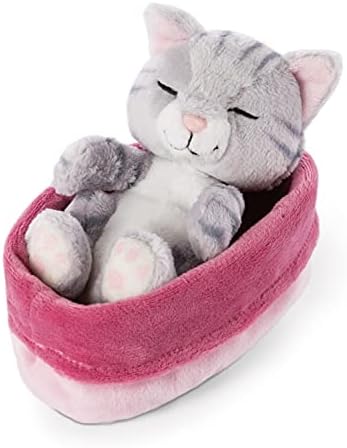 Peluche Gatto Sleeping Kitties 12cm, grigio, in un cestino fucsia e viola