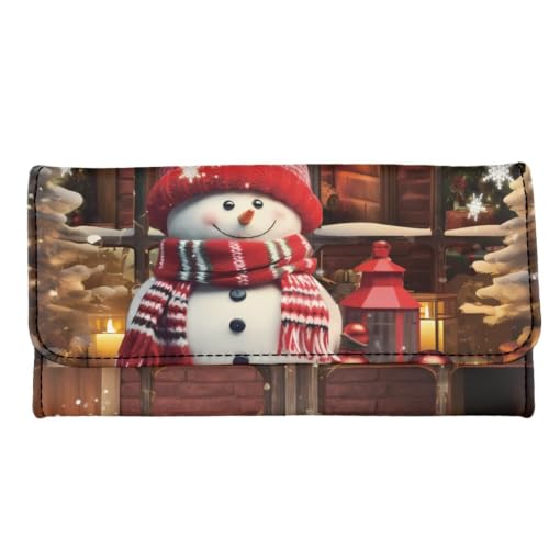 Image of AFPANQZ Wallets for Women Clutch Card Slots Phone Holder Trifold Purses | Christmas Snowman Print Large Capacity Card Key Cash Storage Bags Zipper Handbag