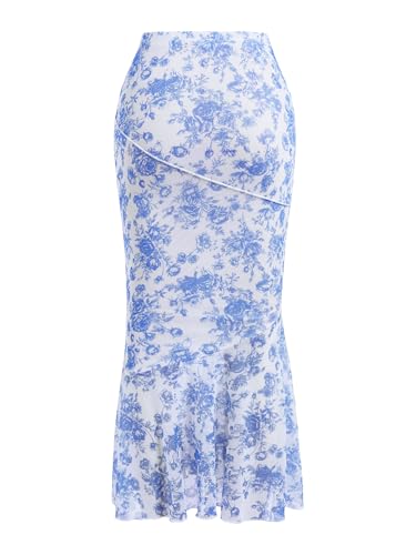 Milumia Women's Floral Mesh Ruffle Hem Maxi Skirt High Waisted Fishtail Long Skirts2