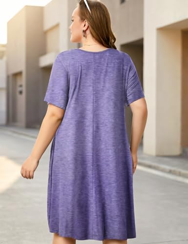 Image of OVERWORETY Womens Short Sleeve Plus Size T-Shirt Dress V Neck Casual Loose Swing A-Line Summer Tunic Dresses with Pockets