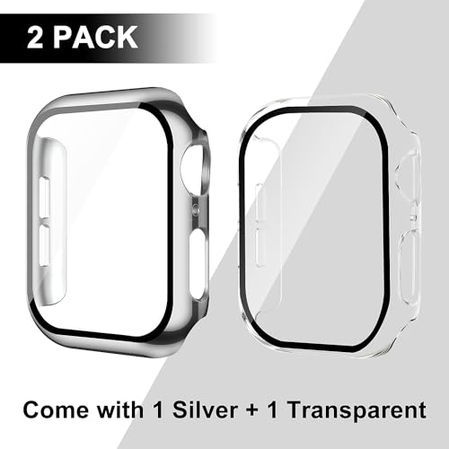 Image of Smiling 2 Pack Case Compatible with Apple Watch Series 9 /8 /7 45mm with Tempered Glass Screen Protector, Hard PC Case Overall Protective Cover- 1 Silver + 1 Transparent