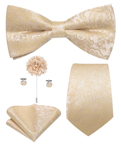 Image of Hi-Tie Men Champagne Paisley Pre-tied Bowties and Tie Set Necktie Bow Tie Pocket Square Cufflinks Lapel Pin 5Pcs Set Tuxedo Suit