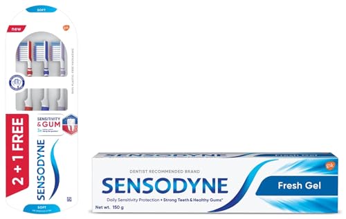 Image of Sensodyne Toothpaste Fresh Gel, Sensitive tooth paste for daily sensitivity protection, 150 gm & Sensodyne Sensitivity & Gum Manual Toothbrush, 107.6 g,Multicolor
