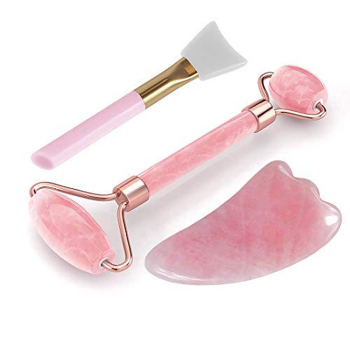 Jade Roller for Face and Gua Sha Set - 100% Real Natural Rose Quartz - Massage Tools For Face, Eyes, Neck and Body - Ant