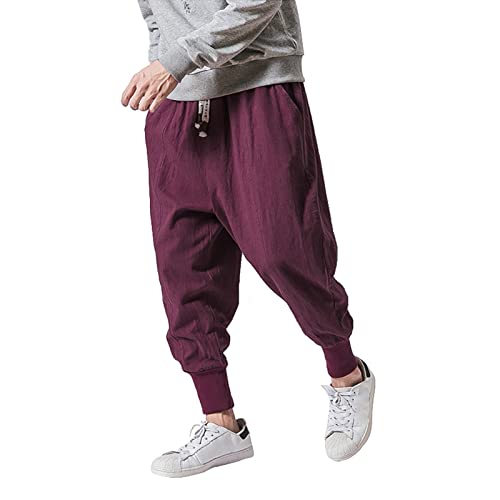 Herren-Jogginghose mit tiefem Schritt, lockere Passform, Baumwoll-Leinen, Haremshose, leicht, Kordelzug, lässige Yogahose, Baggy, Hippie, lockerer Schritt für Herren, bequeme Alltags-Jogginghose, rot