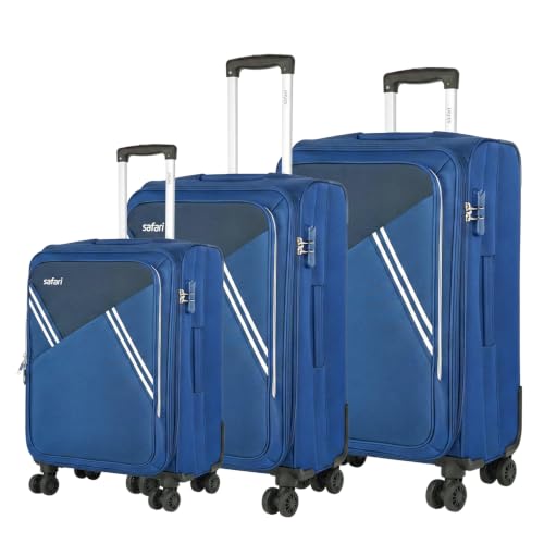 Image of Safari Swift Neo Set of 3 Cabin, Medium & Large Soft Luggage Trolley Bag with Dual Wheels, Polyester, Expandable, 8 Wheels, Travel Bag, Suitcase for Travel, Trolley Bags for Travel, Blue