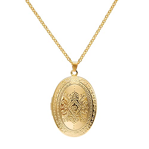 Caiyao Vintage Romantic Engraved Heart Shaped Locket Pendant Necklace Personalized Open DIY Oval Flower Picture Photo Locket Charm Necklace for Women Girls Living Memory Jewelry-B Gold Square