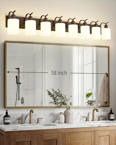 Image of 8-Light Wall-Mounted Vanity Fixture, Frosted Glass Over Mirror Lighting, Oil Rubbed Bronze Finish,VL01ORBW-8