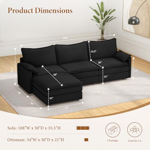 Image of Vesgantti 108 inch Modular Sectional Sofa, Comfy Cloud Couch with Flexible Ottoman Deep Seat Chenille L Shaped Modular Sofa, Sectional Couches for Living Room, Bedroom and Apartment, Black
