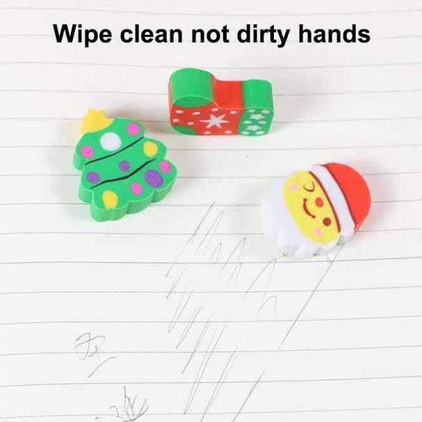 Christmas Cartoon Mini Erasers for Kids – Pack of 5 PVC Zipper Pouch with Keychain – Cute Santa, Snowman, Reindeer & Tree Eraser Set – Return Gift & School Stationery