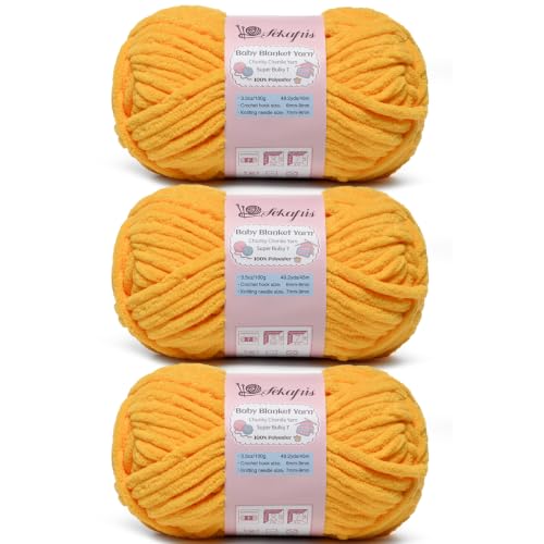 Image of 10.58 oz /147.6 yds Chunky Chenille Yarn for Crocheting, #7 Super Bulky Baby Blanket Yarn for Crocheting Soft, Fluffy Velvet Yarn for Knitting, Amigurumi Crochet Yarn for Crafts(3 Golden Yellow)