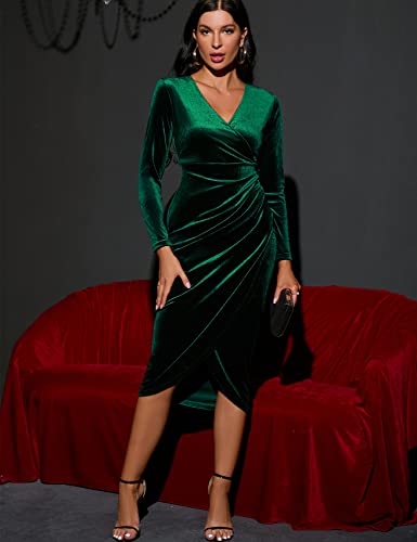 CYCLAMEN Wrap Ruched Velvet Dress V Neck Plus Size Long Sleeves Bodycon Midi Elegant Party Wedding Guest Cocktail4