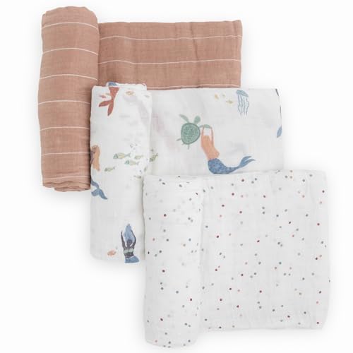 Image of Little Unicorn Muslin Swaddle Blanket for Newborns & Infants | Soft & Breathable Fabric | Set of 3 Baby Blankets for Swaddling, Nursing, Shower Gifts (Mermaids)