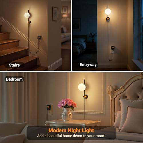 Image of JandCase Night Lights Plug into Wall, 3000K Round Milky Night Light | 1.5M Braided Cord, 0-100 LM Adjustable Plug in Nightlight, Auto Light Sensor, Flexible Placement for Bedroom, Bathroom