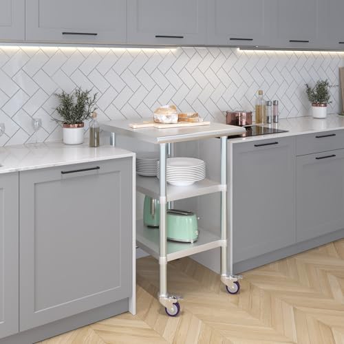 Image of AmGood Stainless Steel Work Table with 2 Shelves and Casters (Stainless Steel Work Table with 2 Shelves + Casters, 24 inch Long x 30 inch Deep)