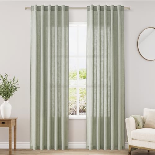 Image of Sage Green Linen Blend Drapes 84 Inch Length 2 Panels Set Back Tab Rod Pocket Semi Sheer Textured Light Green Vertical Curtains Boho Farmhouse Decor Spring Curtains for Living Room Bedroom 40x84