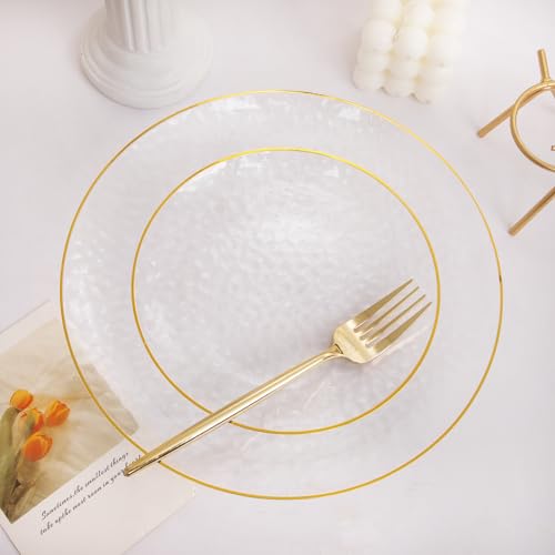 Rubtlamp 60Pcs Clear Plastic Plates,Clear Disposable Plates With Gold Rim,Heavyduty Gold Plates,Hammered Party Plates Include 30Clear Gold Dessert Plates,30Dinner Plates for Wedding, Party